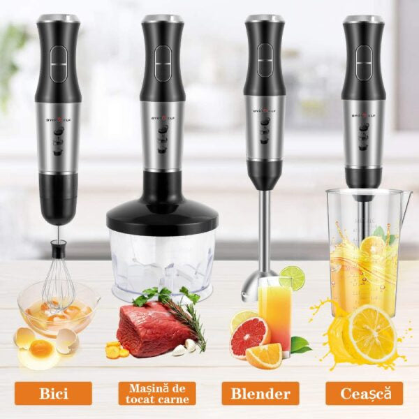 Blender de Mana Multifunctional – 2 Viteze, 2 Lame din Otel Inoxidabil, Mixare & Tocator, 5 Accesorii