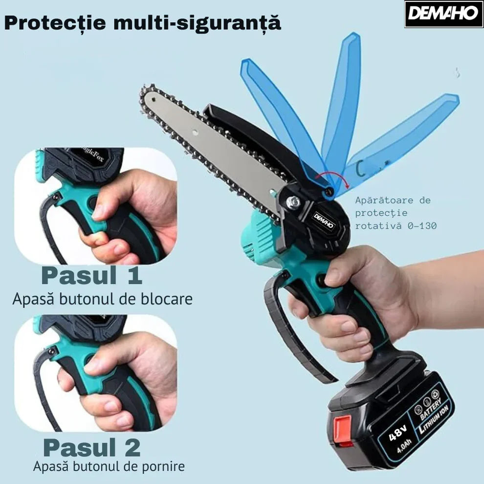 Mini Fierastrau Electric Fara Fir, cu Lant 6 inch si 2 Acumulatori 2000mah, 48 V