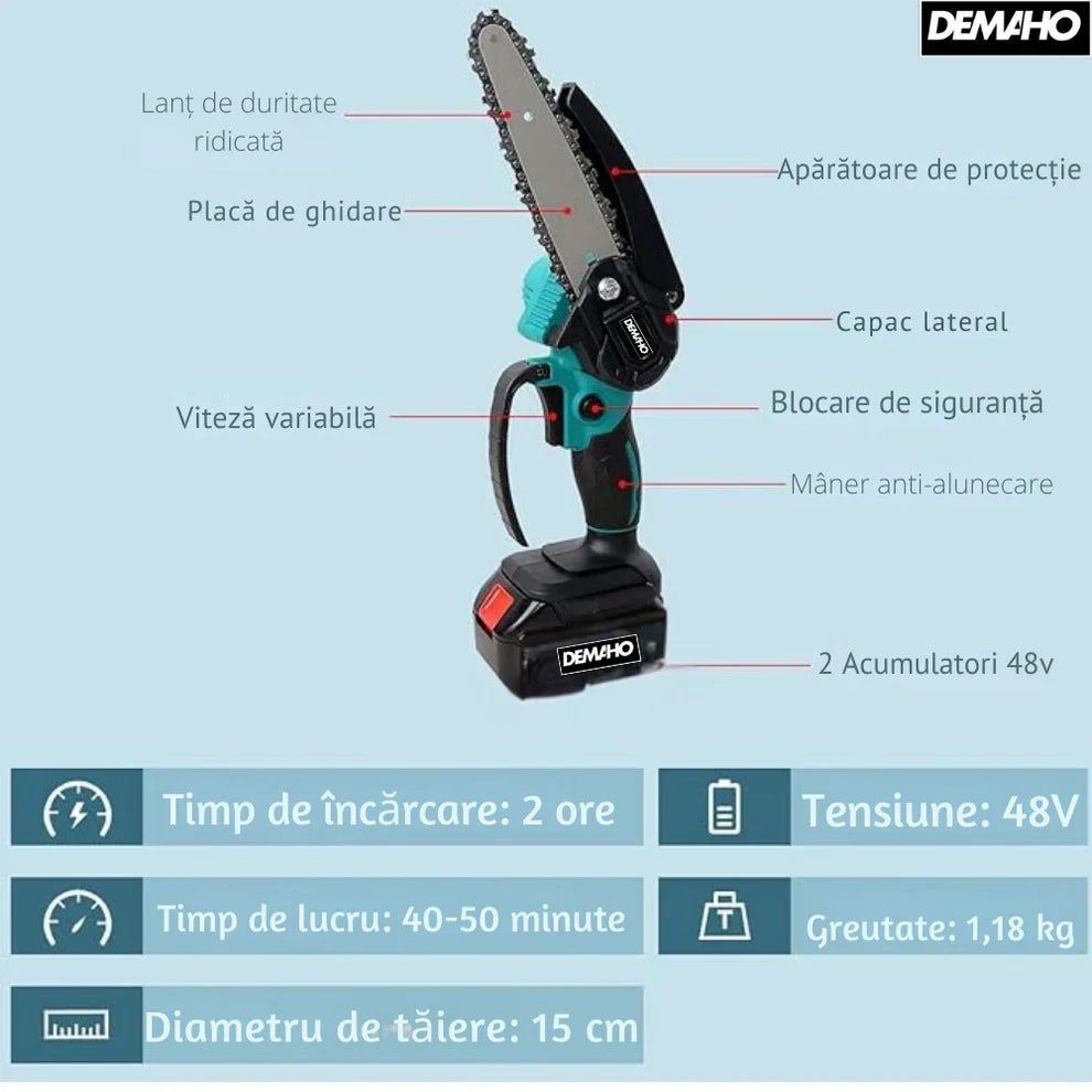 Mini Fierastrau Electric Fara Fir, cu Lant 6 inch si 2 Acumulatori 2000mah, 48 V