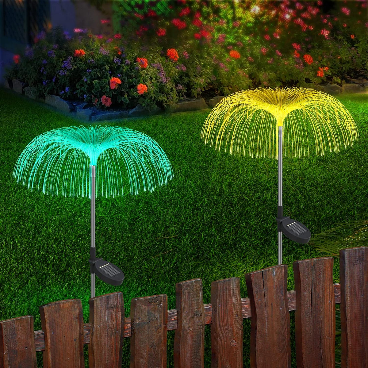 Set 2 Lampi Solare Tip Palmier cu Fibra Optica LED RGB, pentru Iluminat Exterior in Gradina