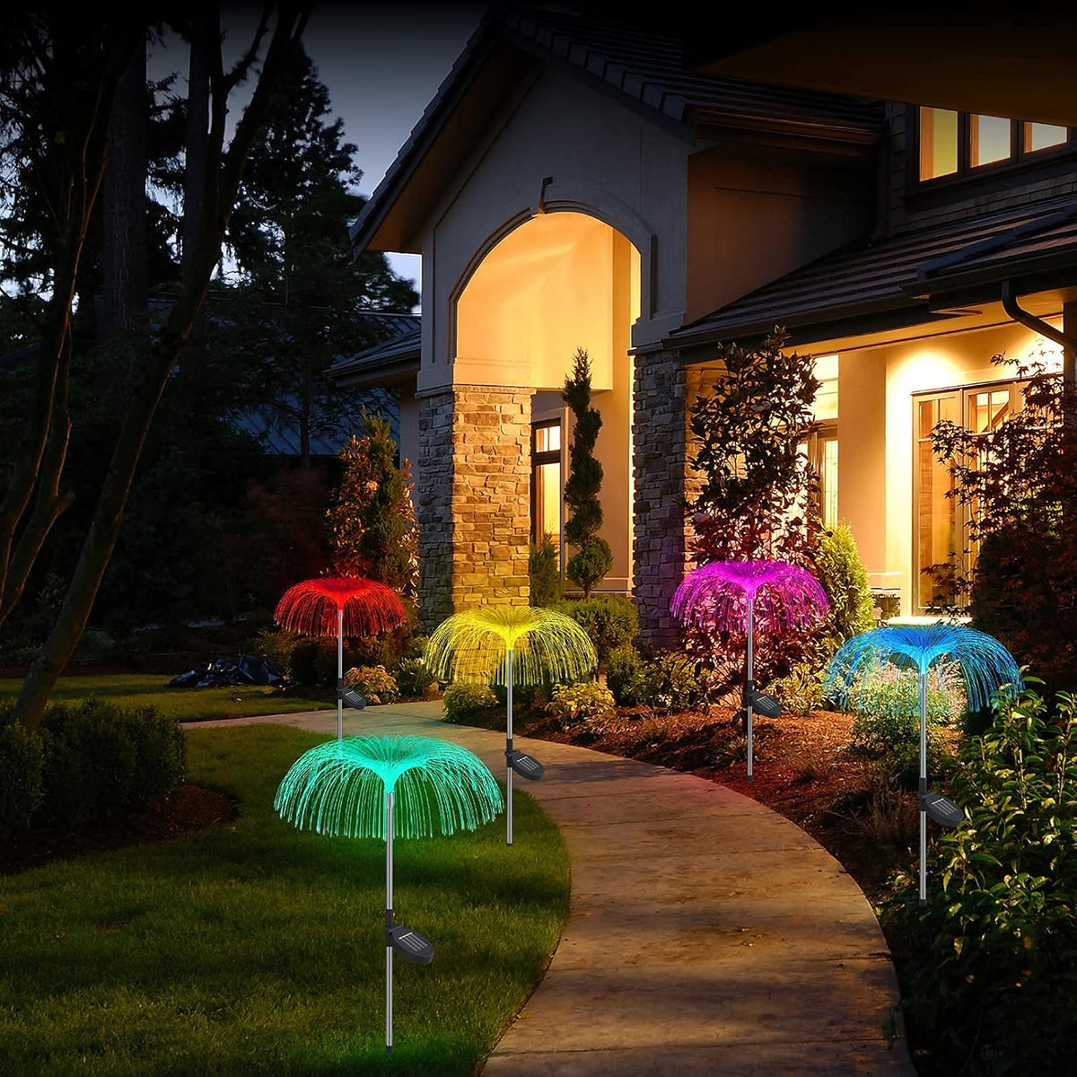 Set 2 Lampi Solare Tip Palmier cu Fibra Optica LED RGB, pentru Iluminat Exterior in Gradina