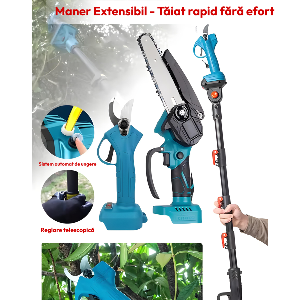 Set Foarfeca Gradina si Mini Drujba, 2 Acumulatori 48V, cu Brat 2.13m Telescopic, Unghi de Taiere Reglabil