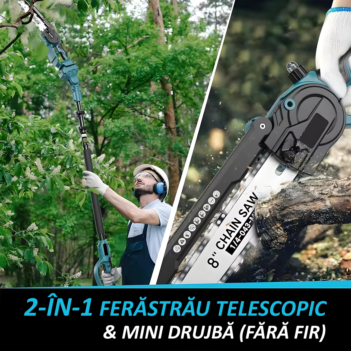 Set Foarfeca Gradina si Mini Drujba, 2 Acumulatori 48V, cu Brat 2.13m Telescopic, Unghi de Taiere Reglabil