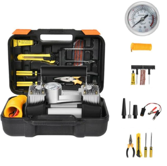 Kit Pana Auto Profesional – Compresor 12V cu 2 Cilindri, Metalic + Accesorii Complete | Rezistenta & Performanta