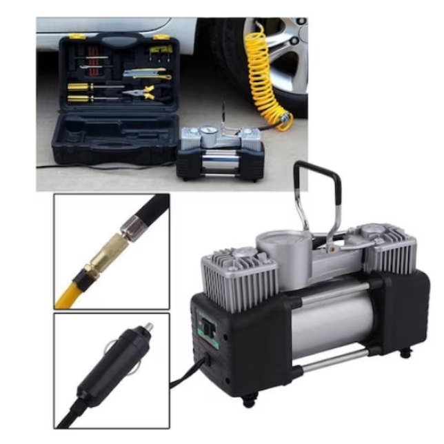 Kit Pana Auto Profesional – Compresor 12V cu 2 Cilindri, Metalic + Accesorii Complete | Rezistenta & Performanta