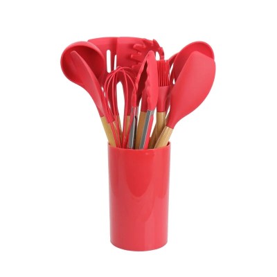 Set 12 Ustensile de Gatit din Silicon cu Maner din Bambus – Sigur & Eco-Friendly