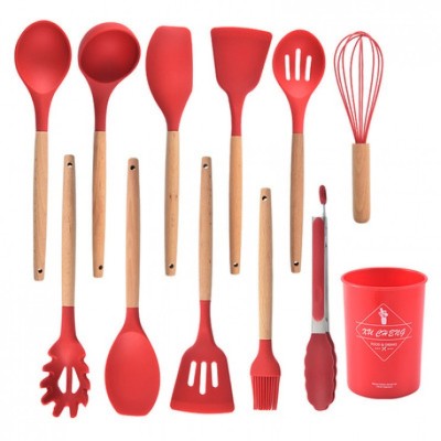 Set 12 Ustensile de Gatit din Silicon cu Maner din Bambus – Sigur & Eco-Friendly