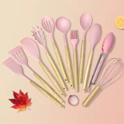 Set de 19 Ustensile de Bucatarie din Silicon cu Suport și Manere din Lemn – Practic și Elegant