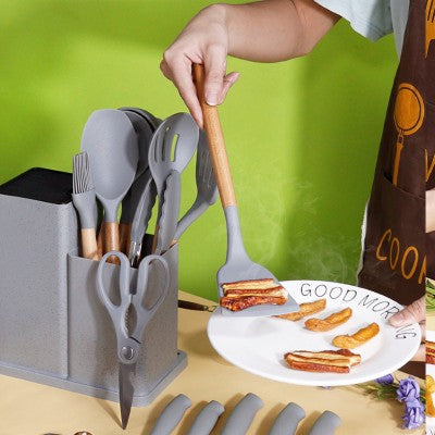 Set de 19 Ustensile de Bucatarie din Silicon cu Suport și Manere din Lemn – Practic și Elegant