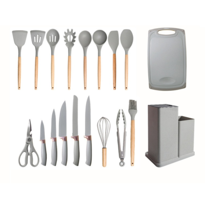 Set de 19 Ustensile de Bucatarie din Silicon cu Suport și Manere din Lemn – Practic și Elegant