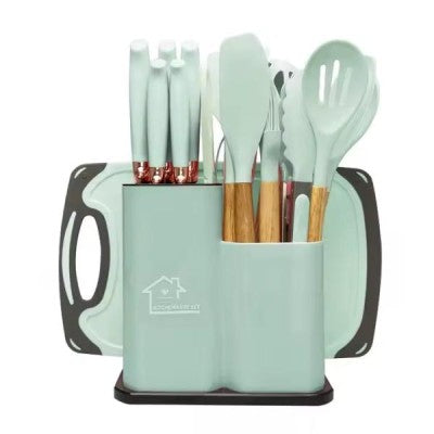 Set de 19 Ustensile de Bucatarie din Silicon cu Suport și Manere din Lemn – Practic și Elegant