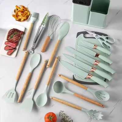 Set de 19 Ustensile de Bucatarie din Silicon cu Suport și Manere din Lemn – Practic și Elegant